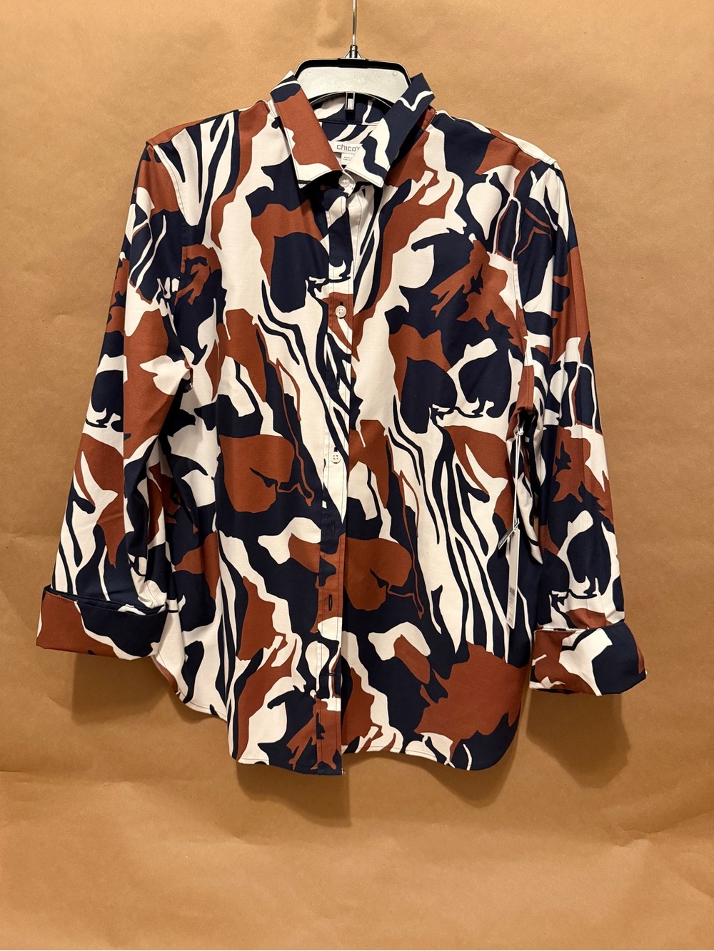 Chico's Navy, Brown & White Abstract Print Button-Down Shirt